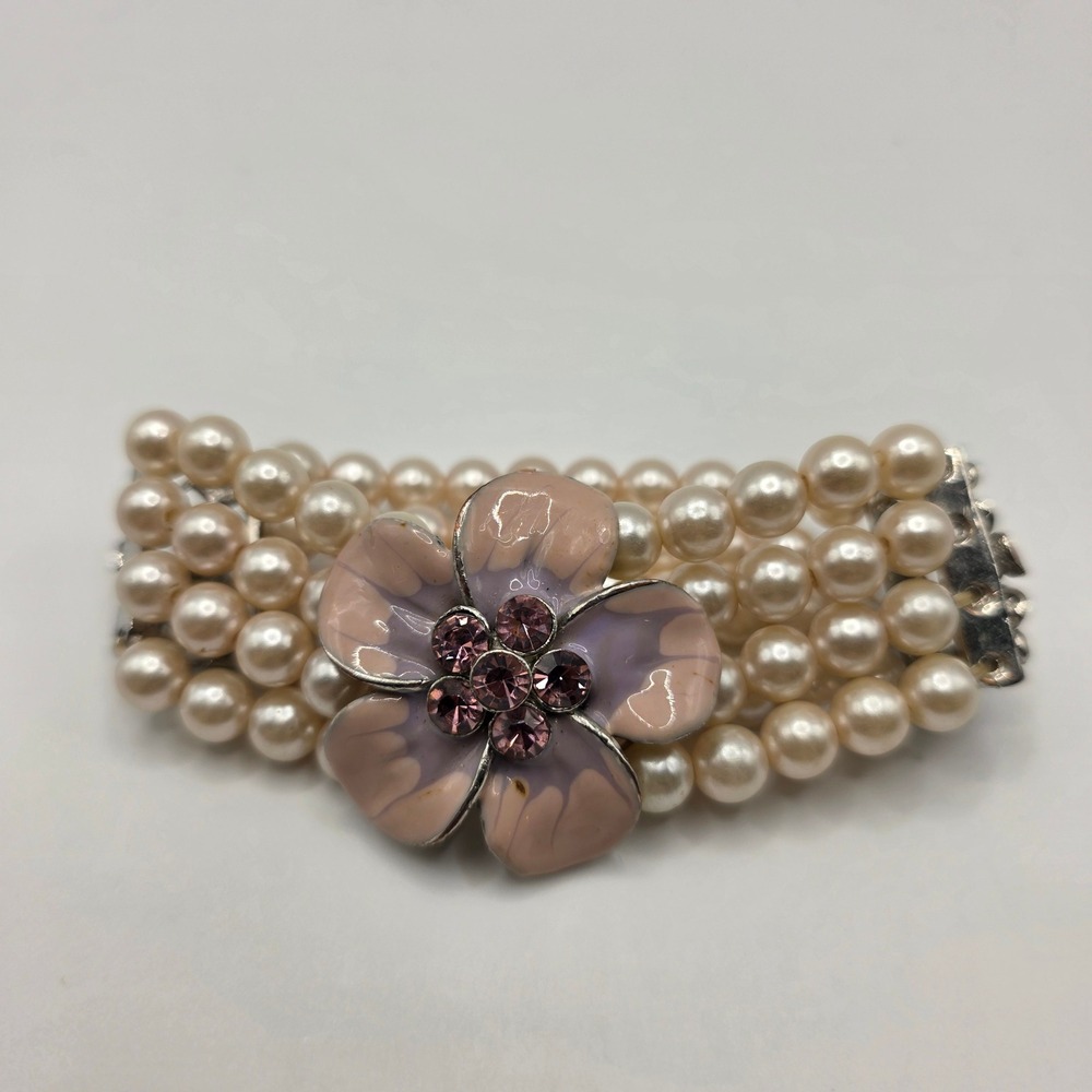 Faux Pearl 4-Strand Stretch Bracelet Pink Enamel‎ Flower Rhinestone Silver Tone